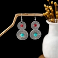Bohemian double disc drop earrings in vintage silver with red and turquoise stones - Retro Silver + Red Blue Stacked Rounds (E2601-2)