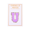 Detailed view of purple chenille letter U patch with gold glitter edge and peel adhesive - Letter U / Purple