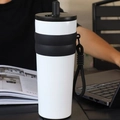 White stainless steel travel mug with black straw lid and portable carry strap - White No Pendant