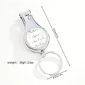 Compact 2-in-1 nail clipper keychain with angel quote engraving and dimension markings - Feathers Appear When Angels Are Near