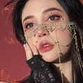Golden lace face chain mask with hanging metallic tassel beads in exotic style - 240401 Golden Exotic Tassel Face Mask