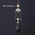 Blue sandstone crescent moon sun catcher with golden alloy stars and crystal beads - Blue Sandstone Moon Wind Chime Pendant
