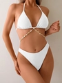 Elegant white two-piece bikini with a decorative shell and pearl waist chain detail - S / White