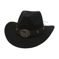 Détail d'un chapeau de cowboy noir avec bandeau en cuir et boucle en métal aigle - Noir