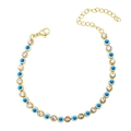 Detail of evil eye bracelet featuring blue beads, clear crystals and lobster clasp - White