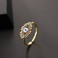 Golden evil eye adjustable open ring with colorful zircon and blue enamel details - Style 16-Lash Multi-color Gem Eye
