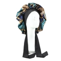 Large satin bonnet featuring leopard print and chain patterns with a black tie-up strap - Green Chain