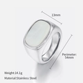 Wide stainless steel ring featuring a white oval shell inlay and polished silver finish - US7 (Perimeter 54mm) / Steel White