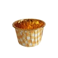 Geel geblokte papieren cupcakevormpje met gouden folie voering en opgerolde rand - Goud Gingham / Geel