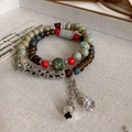 Double-layer beaded bracelet with turquoise ceramic beads and retro silver tulip pendants - Style 93 Bracelet / Blue & Green