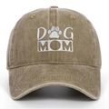 Close-up of khaki washed cotton baseball cap with white DOG MOM embroidery and paw print - Khaki