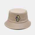 Detailed view of colorful mushroom embroidery on a khaki cotton bucket sun hat - M (56-58cm) / Dreamy Mushroom Khaki