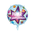 Blue round foil birthday balloon with Feliz Cumpleaños text and festive party elements - Spanish Birthday Round Balloon