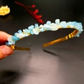 Detail of handcrafted gold crown headband featuring natural blue crystal gravel stones - Double Row / Aquamarine-Double Row