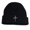Black knit beanie with white cross embroidery and cuffed edge for outdoor winter warmth - One Size / Black