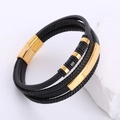 Mehrlagiges schwarzes Lederarmband für Herren mit goldenem Magnetverschluss auf Stein - Gold
