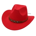 Detail of red cowboy hat featuring a braided leather band with turquoise beads and gold studs - One Size (57cm) / Red