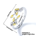 Silver leaf adjustable ring with yellow marquise gems and size dimensions shown - Silver Tone With Yellow Zirconia