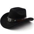 Detail of black wool felt cowboy hat with leather band and silver bull head emblem - Black