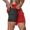 Detail of red mesh shorts with black inner liner and built-in elastic phone pocket - S / Red