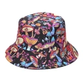 Close-up of colorful mushroom pattern print on a black cotton bucket hat fabric - Colorful Psychedelic Mushroom (E)