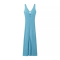 Detail view of light blue knitted dress featuring V-neck cutout and front slit design - XS / Light Blue