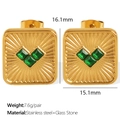 Golden square stainless steel stud earrings featuring heart-shaped green zircon inlays - Green Heart Square Stud Earrings (EH725)