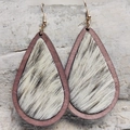Macro view of teardrop wood earrings featuring leopard print faux fur texture details - Wood/Animal Hair Texture