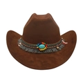 Dunkelbrauner Cowboyhut im Westernstil mit Ethno-Perlenband und Türkis-Detail - Einheitsgröße / Kaffeebraun