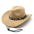 Detail of light brown cowboy hat with turquoise studs and adjustable chin strap - M (56-58cm) / Camel