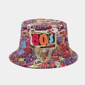 Detail of 80s 90s vintage graffiti bucket hat featuring vibrant party themed prints - M (56-58cm) / American Pop Style 7# (7#色)