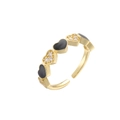 Adjustable gold heart ring with micro-paved zircons and black enamel dripping oil - Black