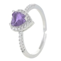 Silver ring set with a heart-shaped purple gemstone and sparkling white zircon accents - Open Ring (N-899) / Purple Heart