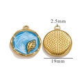 Blue enamel round pendant with gold leaf pattern 19mm size view from both sides - Round Small Leaf Pendant / Blue