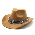 Brown faux suede western cowboy hat with colorful beaded band and turquoise stone detail - M(56-59CM) / Khaki