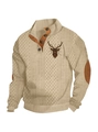 Beige knit sweater for men with reindeer print and brown elbow patches in 3D view - S / Tops / Khaki (Deer Logo No. 6)