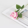Pink and white gradient velvet artificial rose stem with green leaves on a magazine - Small Velvet Light Pink