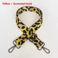 Detail of leopard print nylon bag strap with gunmetal swivel hooks and adjustable buckle - Yellow + Gunmetal Hook