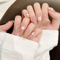 Elegantes uñas postizas largas de bailarina color té ojo de gato con flores 3D y perlas - Extra Pequeño (XS) / 2088-Ataúd Corto