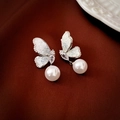 Elegant silver butterfly earrings with sparkling crystals and a white hanging pearl - Butterfly Artificial Pearl Stud Earrings (Silver-Blue) (#2 Silver Earring Post)