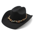 Classic black felt cowboy hat with bohemian beaded band and silver chain detail - M(56-58cm) / Black 01