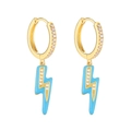Close-up of golden lightning bolt hoop earrings with blue enamel and zircon stones - Lightning Bolt / Light Blue