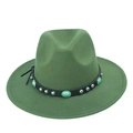 Detail of dark green felt fedora featuring leather band with turquoise and silver studs - Army Green