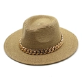 Classic khaki straw Panama hat with a stylish gold Cuban chain band for summer sun protection - M (56-58cm) / Dark Khaki