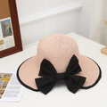 Pink straw sun hat with large black bow and wide brim for summer beach vacations - Open Butterfly Pink