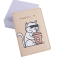 Close-up of beige PU leather passport holder featuring a cute cartoon cat print - Khaki