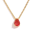 Close-up of a pear-cut red gemstone pendant on a fine gold-finish stainless steel chain - Rose Red Teardrop