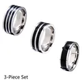 Set di 3 anelli in acciaio al titanio con strisce in smalto nero e finitura argento e nero - US 6 / Set da 3 Pezzi Argento