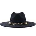 Elegant black wool fedora hat for women with chunky gold chain decoration - M(56-58cm) / Metal Chain Style / Black