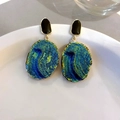 Orecchini vintage a fiori ovali neri con finitura blu-verde iridescente - No.16 Perno in Argento - Blu Pieghettato Ovale
